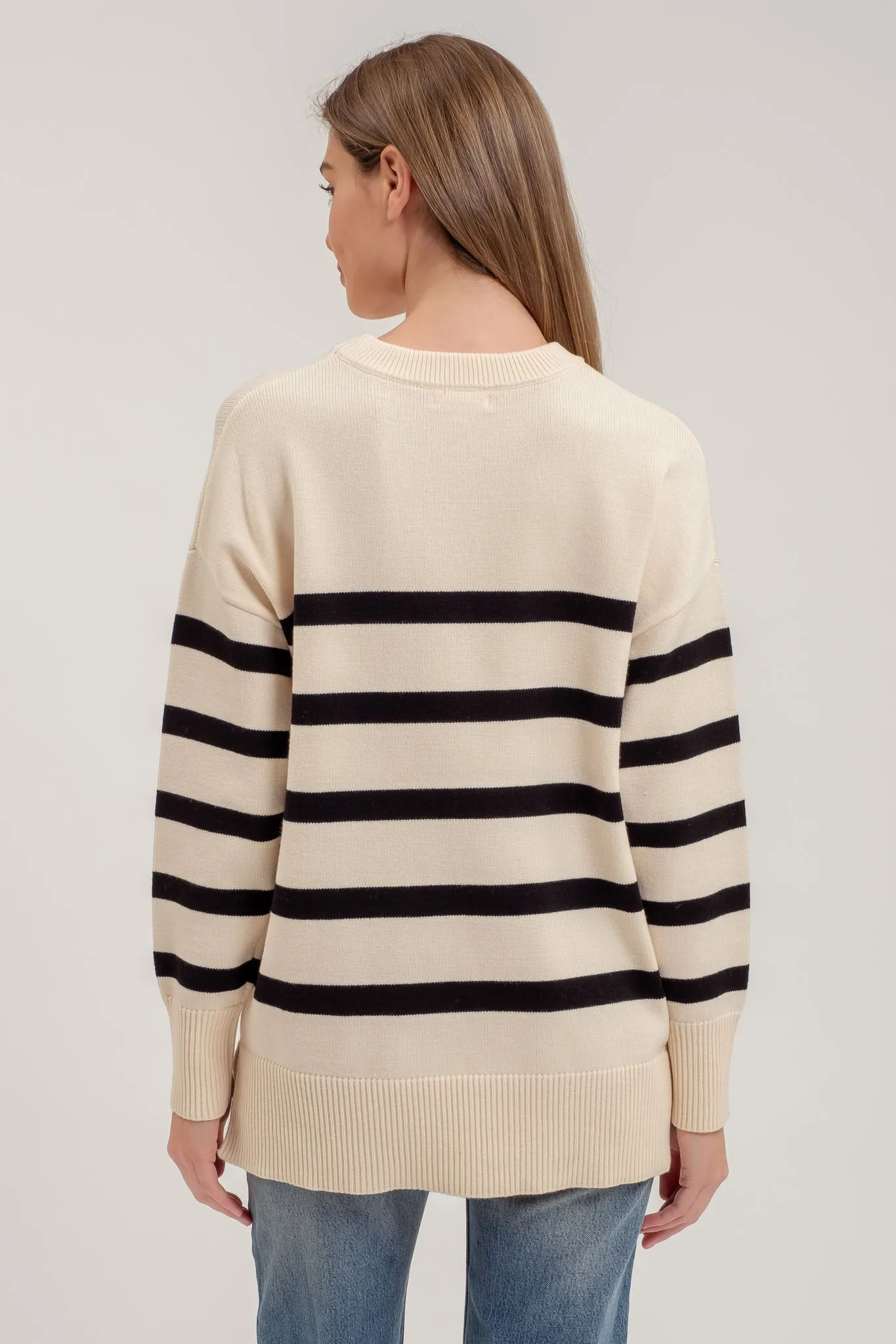 STRIPE OVERSIZED CREW SIDE SPLIT KNIT SWEATER