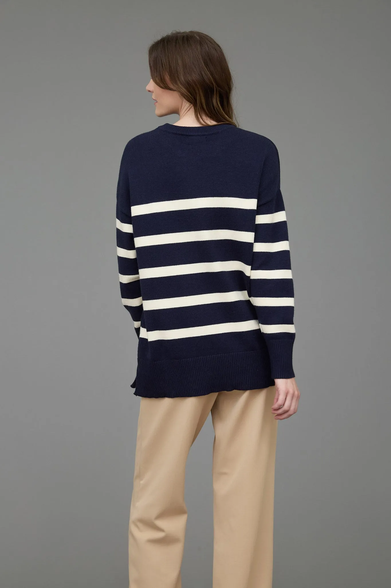 STRIPE OVERSIZED CREW SIDE SPLIT KNIT SWEATER