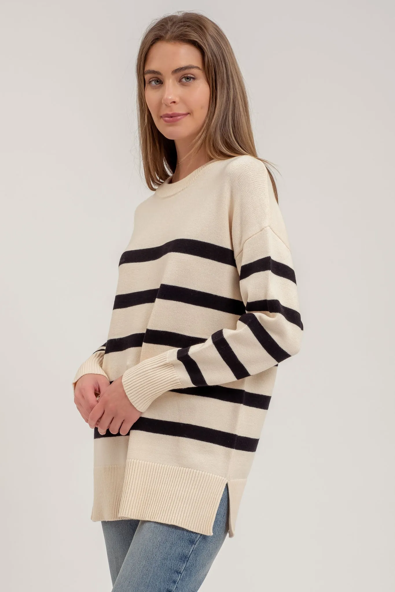 STRIPE OVERSIZED CREW SIDE SPLIT KNIT SWEATER