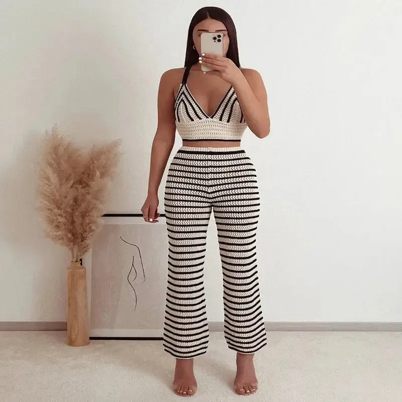 Striped Knitted Halter neck Vest Trousers Set