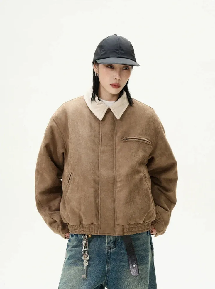 Suede Bomber Jacket with Contrast Corduroy Collar