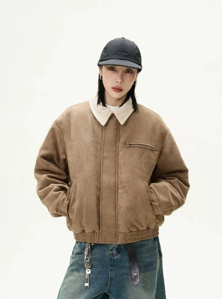 Suede Bomber Jacket with Contrast Corduroy Collar