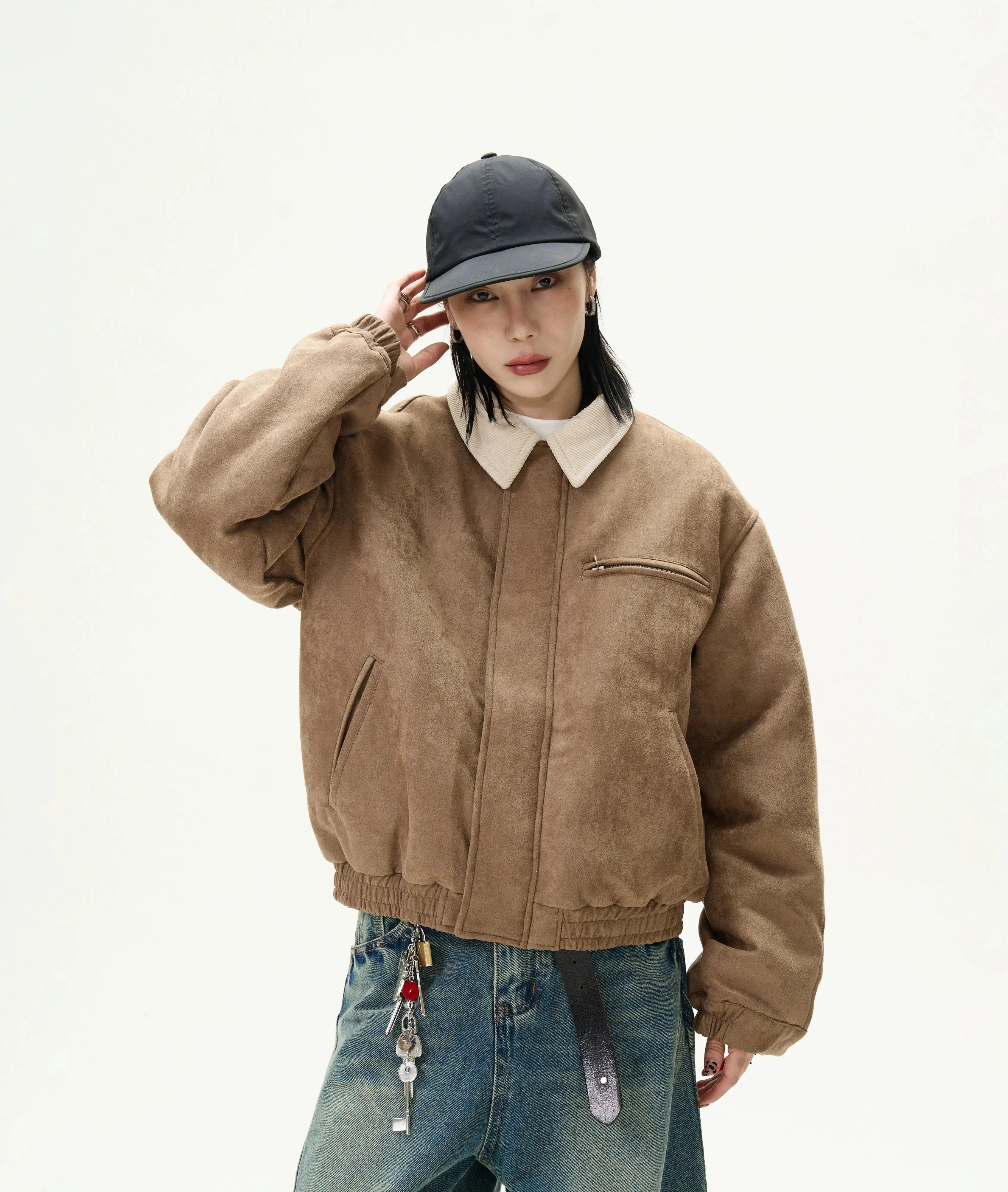 Suede Bomber Jacket with Contrast Corduroy Collar