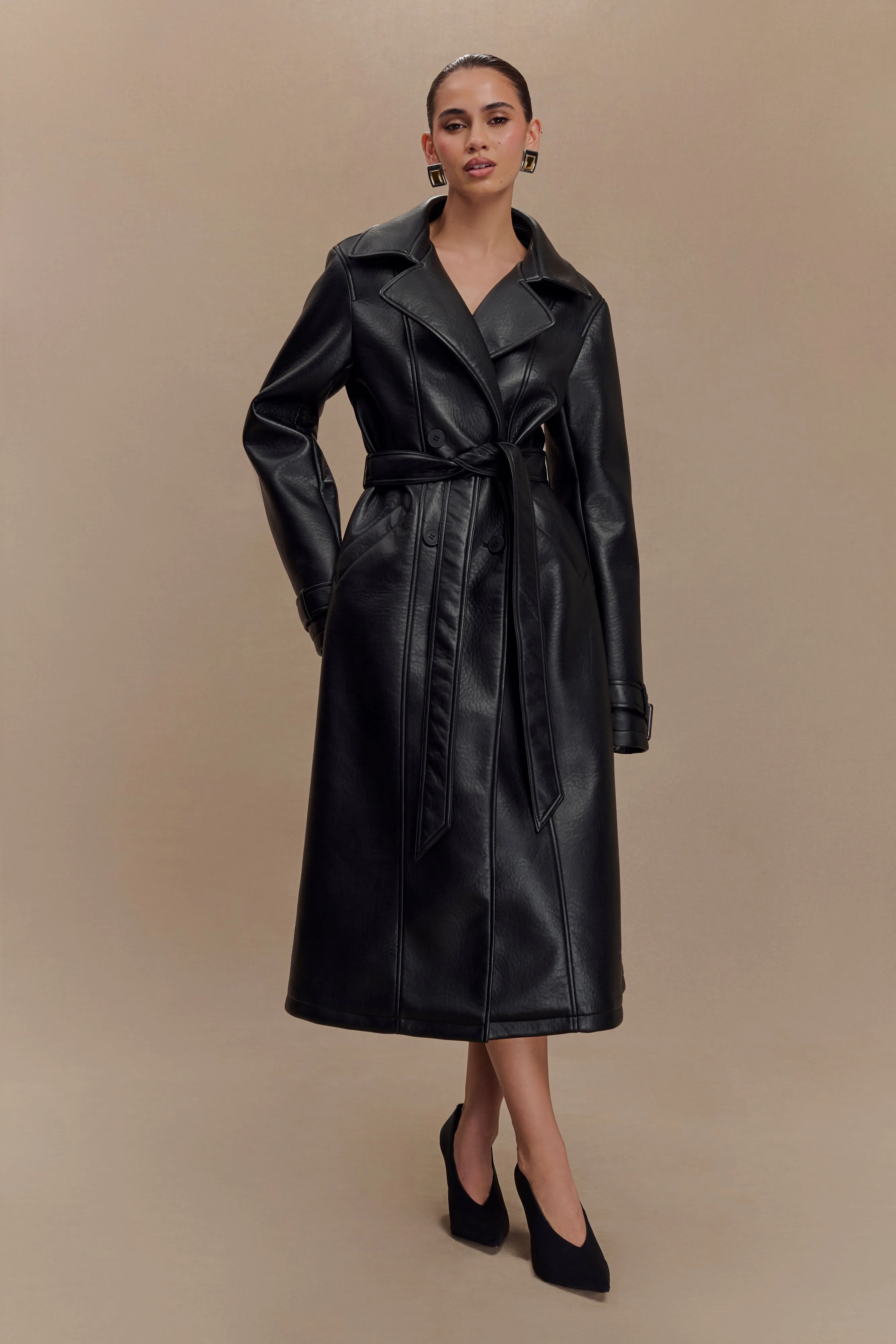 Tarah Faux Leather Trench Coat - Black