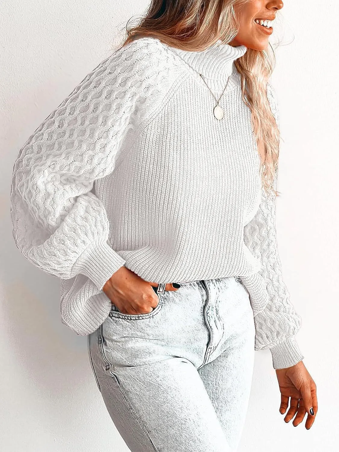 Trendy Chunky Warm Turtleneck Cable Knit Lantern Sleeve Pullover Sweater