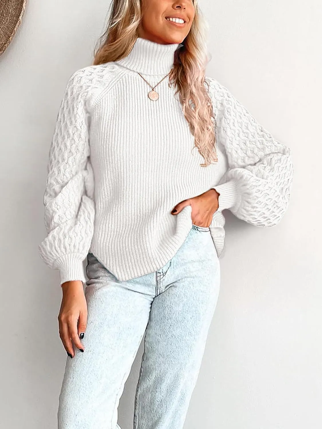 Trendy Chunky Warm Turtleneck Cable Knit Lantern Sleeve Pullover Sweater