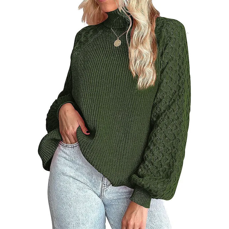 Trendy Chunky Warm Turtleneck Cable Knit Lantern Sleeve Pullover Sweater