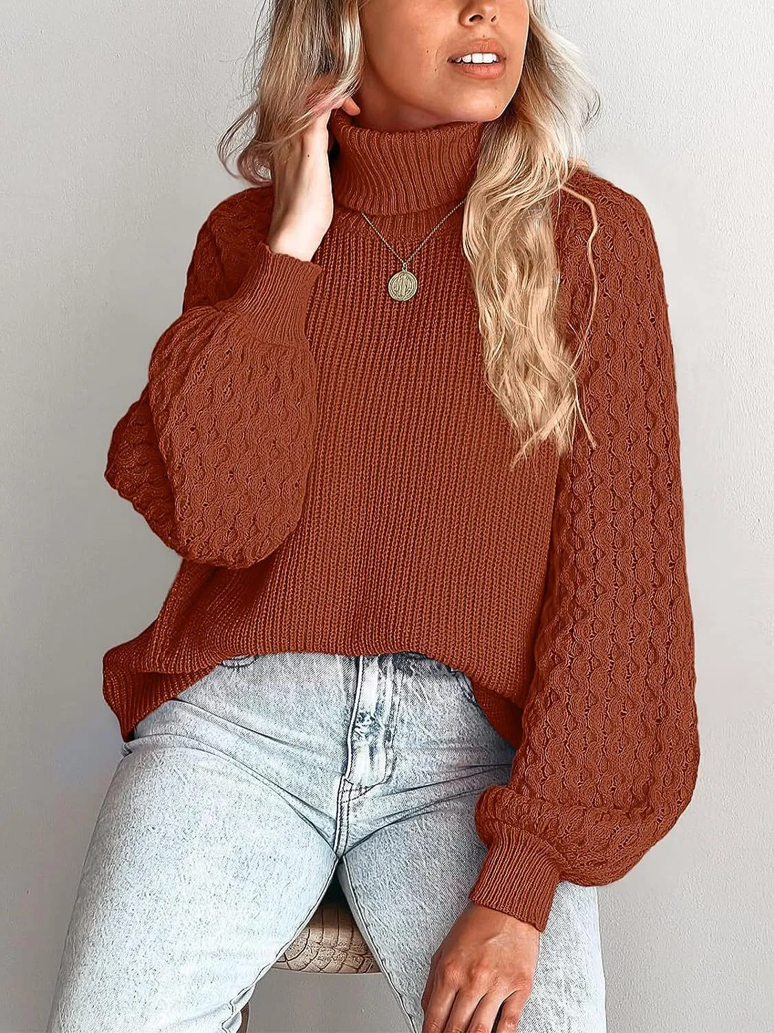 Trendy Chunky Warm Turtleneck Cable Knit Lantern Sleeve Pullover Sweater