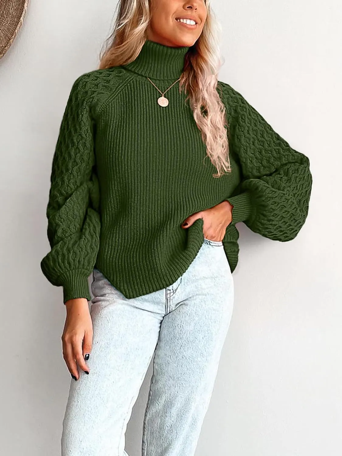 Trendy Chunky Warm Turtleneck Cable Knit Lantern Sleeve Pullover Sweater