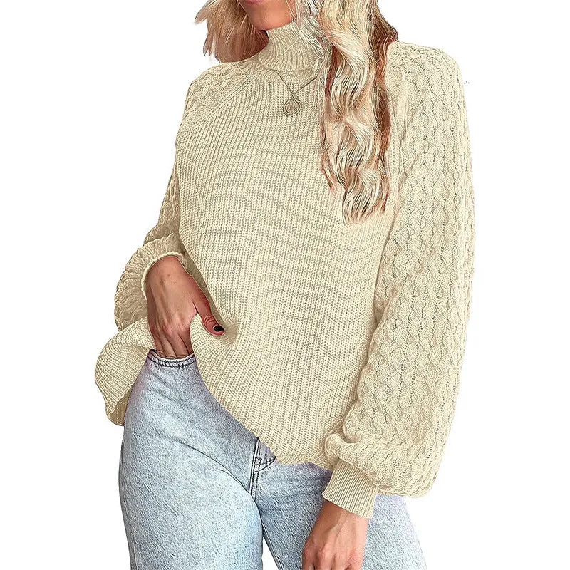 Trendy Chunky Warm Turtleneck Cable Knit Lantern Sleeve Pullover Sweater