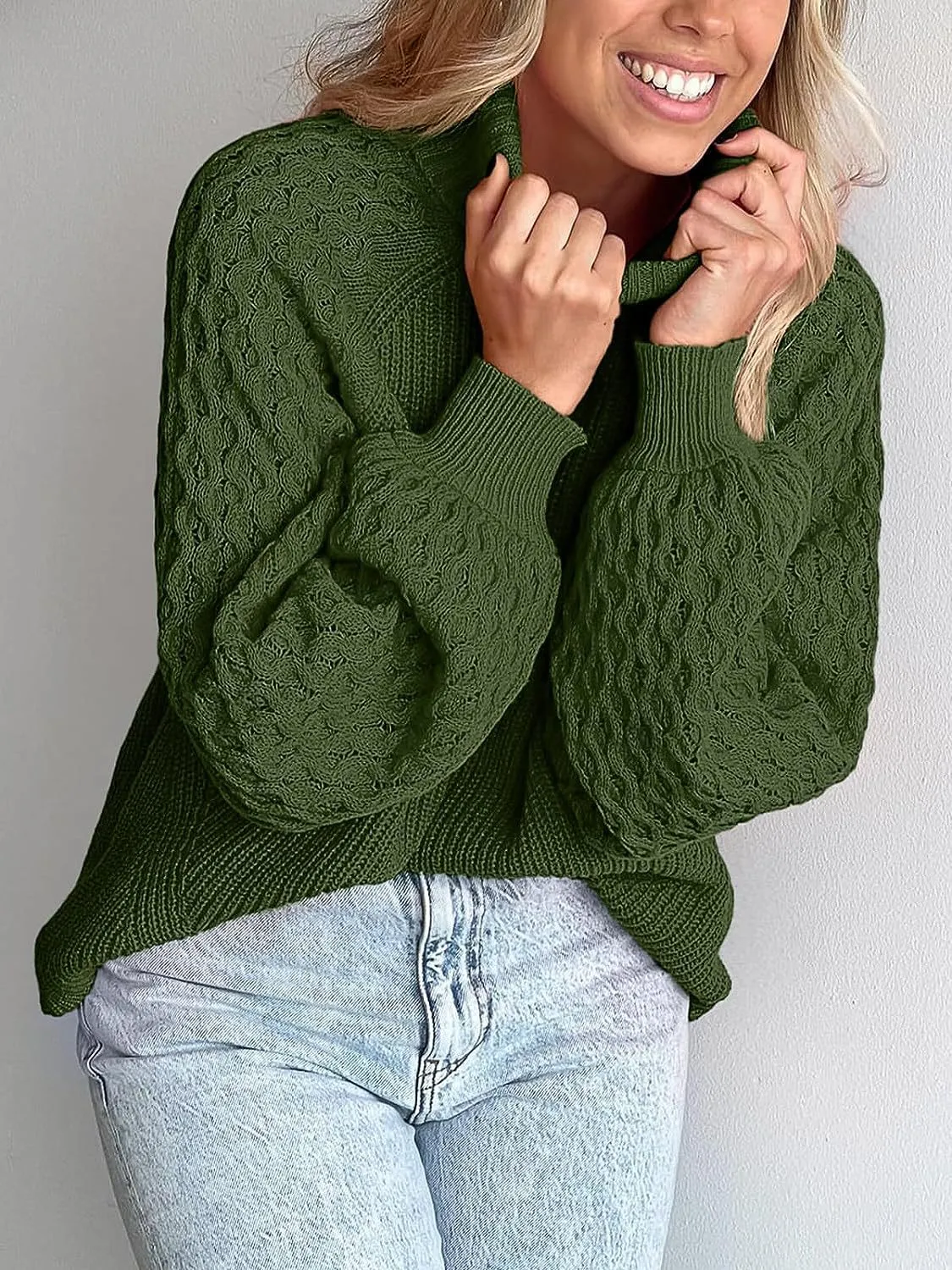 Trendy Chunky Warm Turtleneck Cable Knit Lantern Sleeve Pullover Sweater