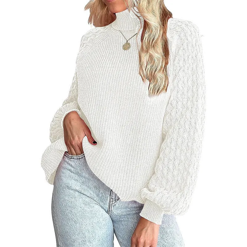 Trendy Chunky Warm Turtleneck Cable Knit Lantern Sleeve Pullover Sweater