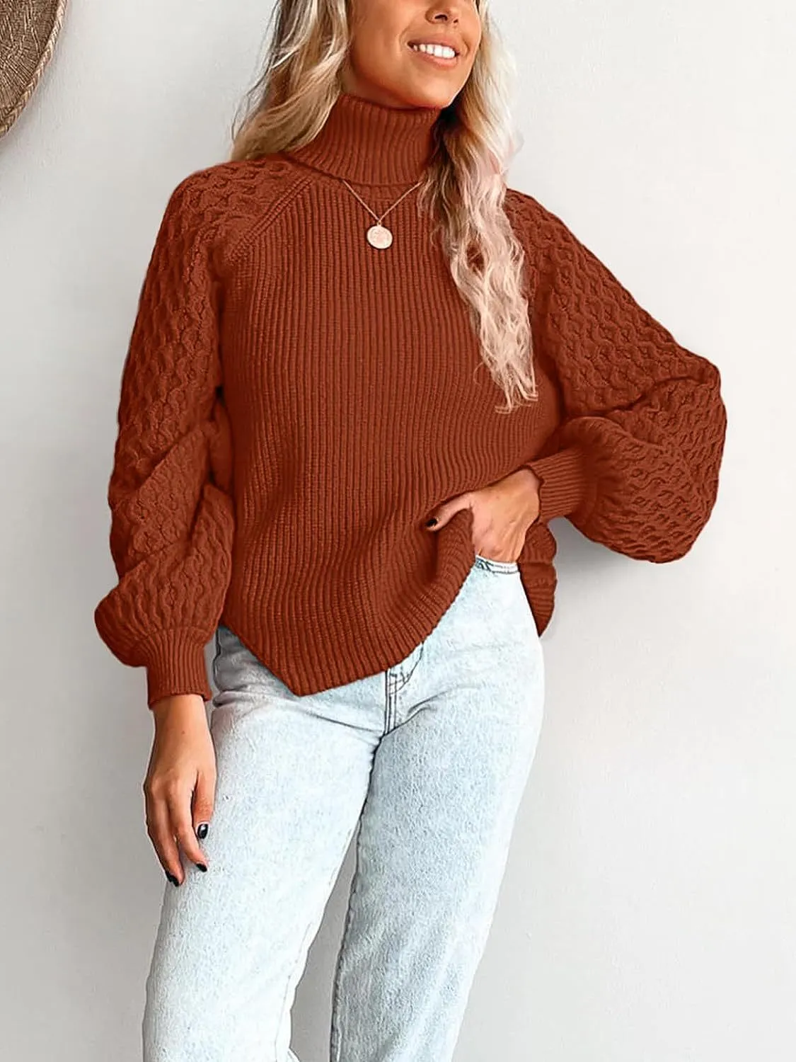 Trendy Chunky Warm Turtleneck Cable Knit Lantern Sleeve Pullover Sweater