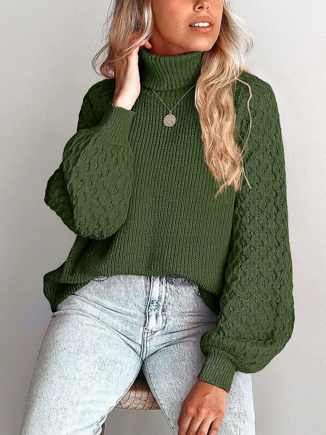 Trendy Chunky Warm Turtleneck Cable Knit Lantern Sleeve Pullover Sweater