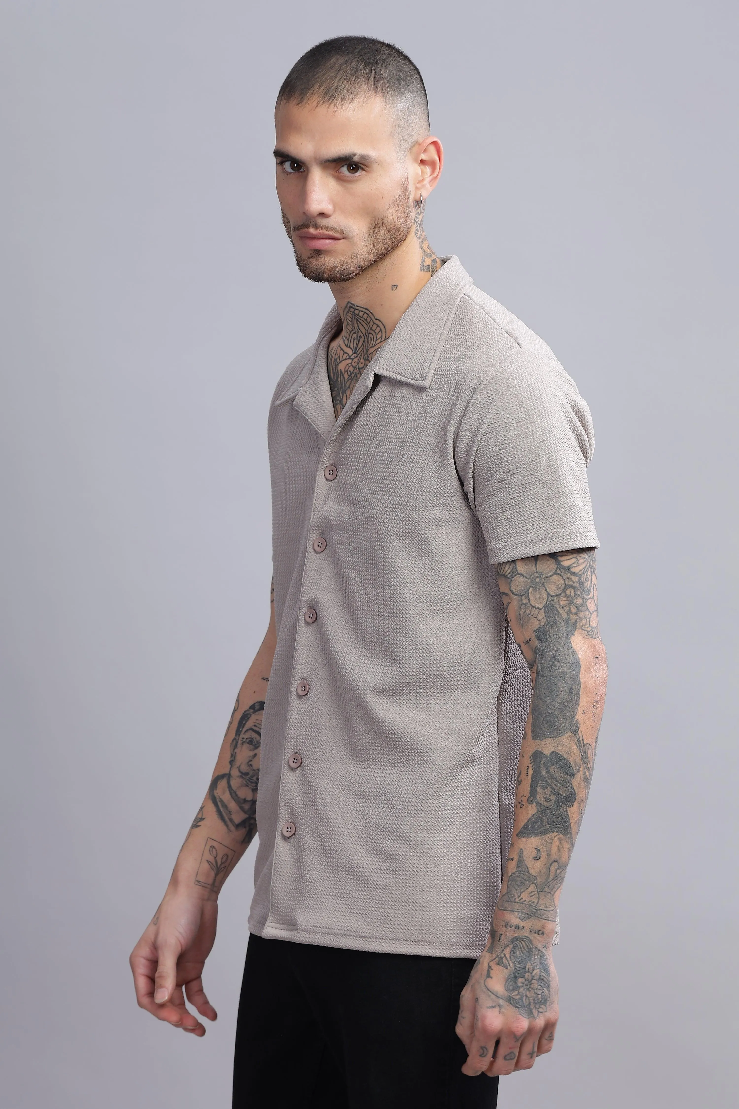 Warrior Beige Mens Half Sleeve Cuban Collar Shirt