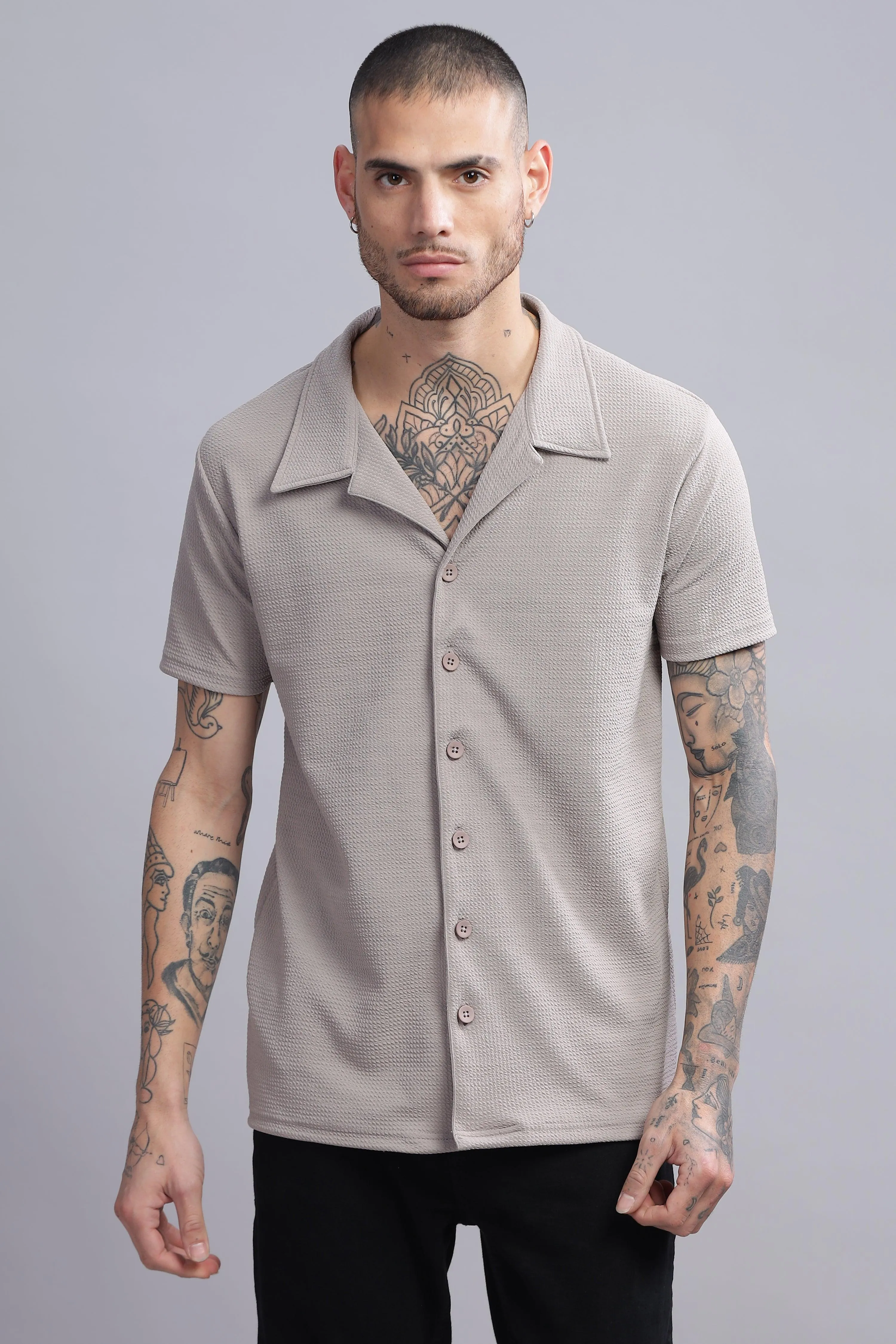 Warrior Beige Mens Half Sleeve Cuban Collar Shirt