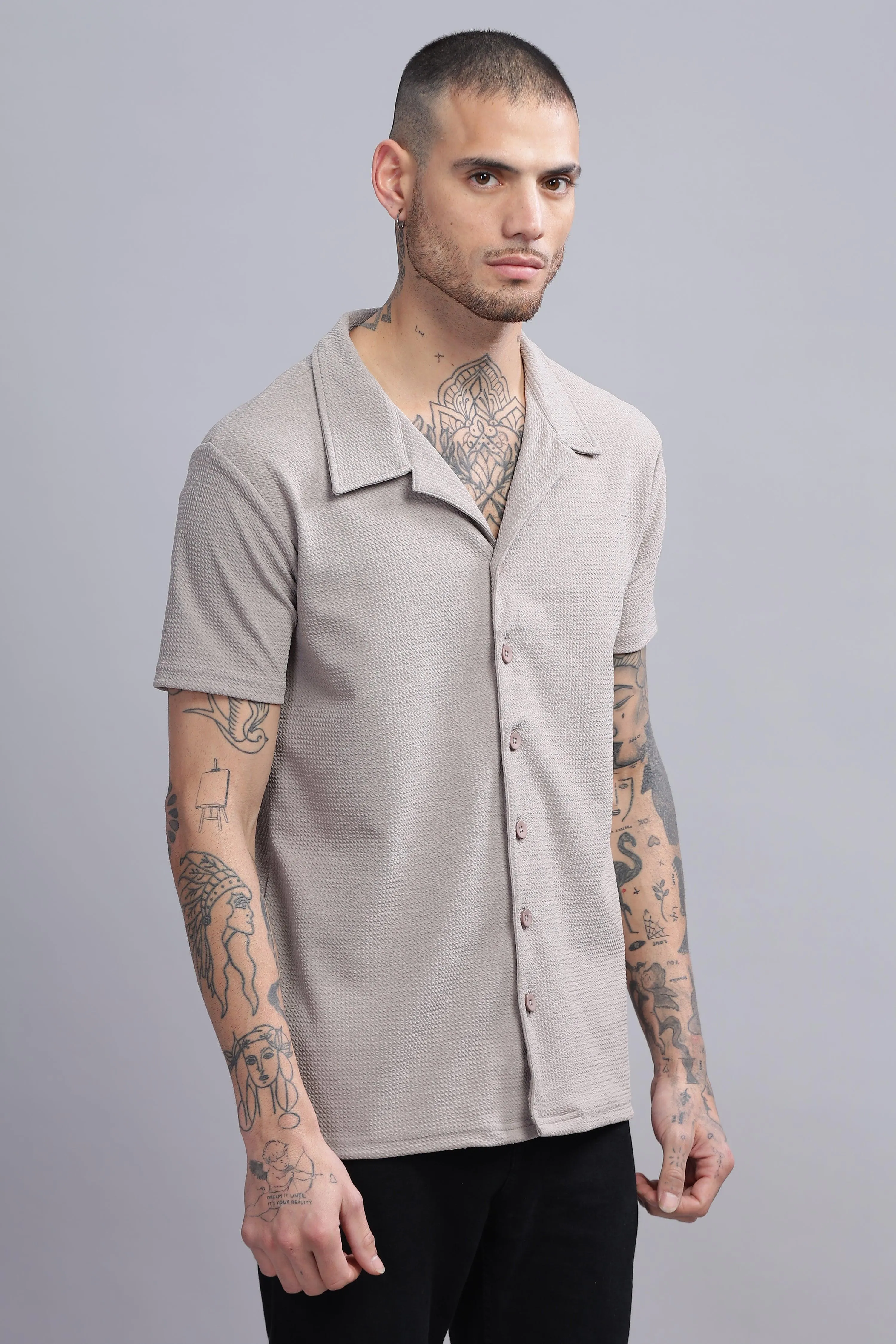 Warrior Beige Mens Half Sleeve Cuban Collar Shirt