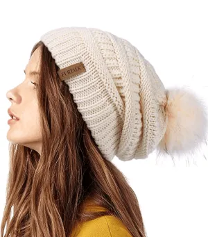 Winter Knit Hat Slouchy Beanie with Faux Fur Pom