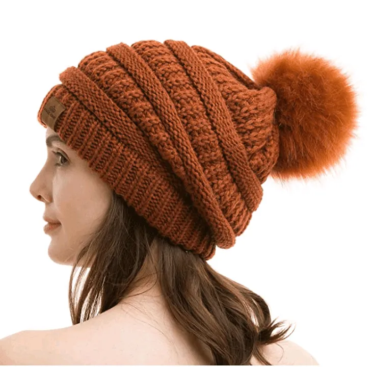 Winter Knit Hat Slouchy Beanie with Faux Fur Pom