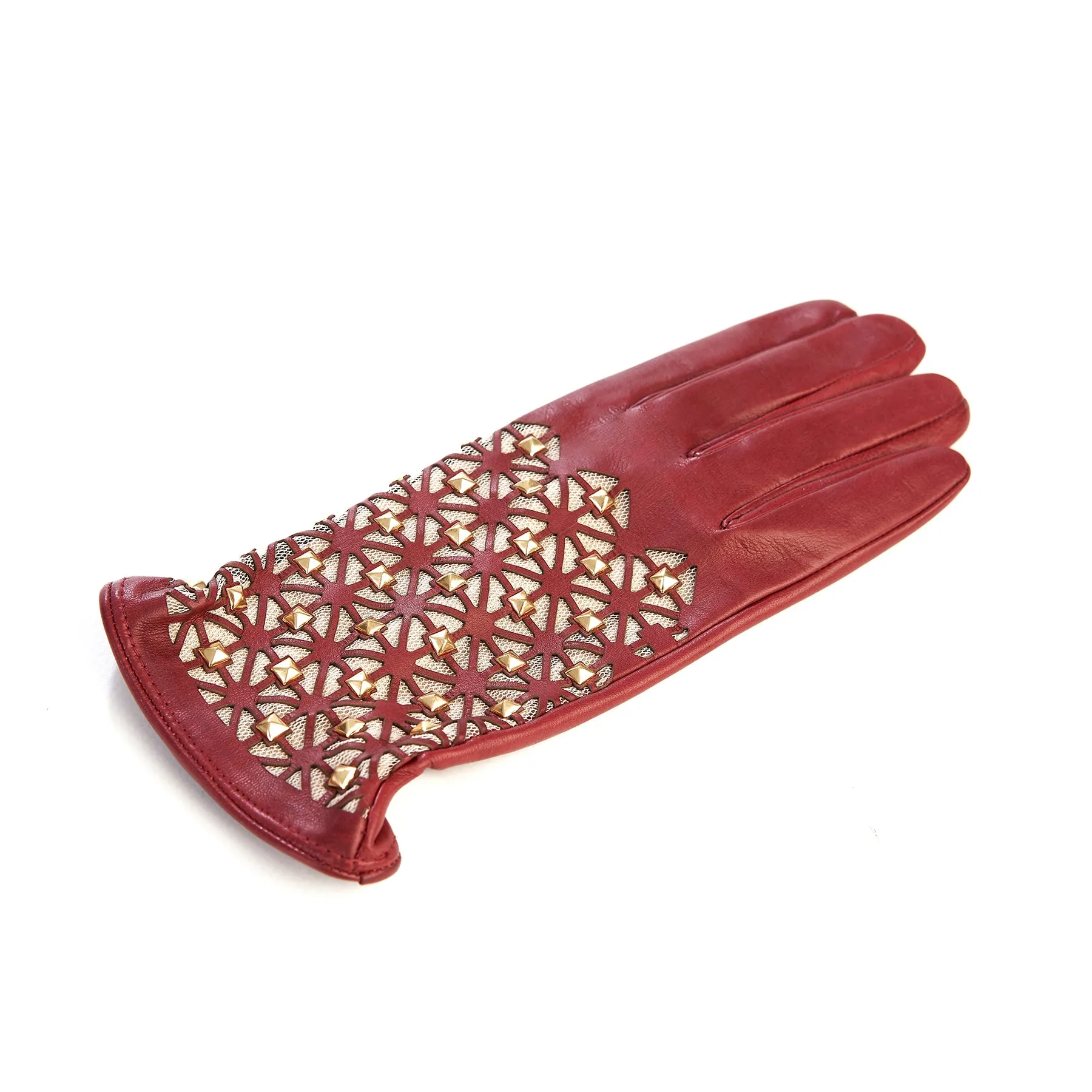 Women's dark red leather gloves with studs silk lined