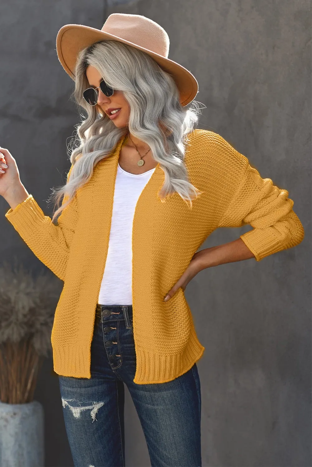 Women's Yellow Open Front Chunky Knit Cardigan